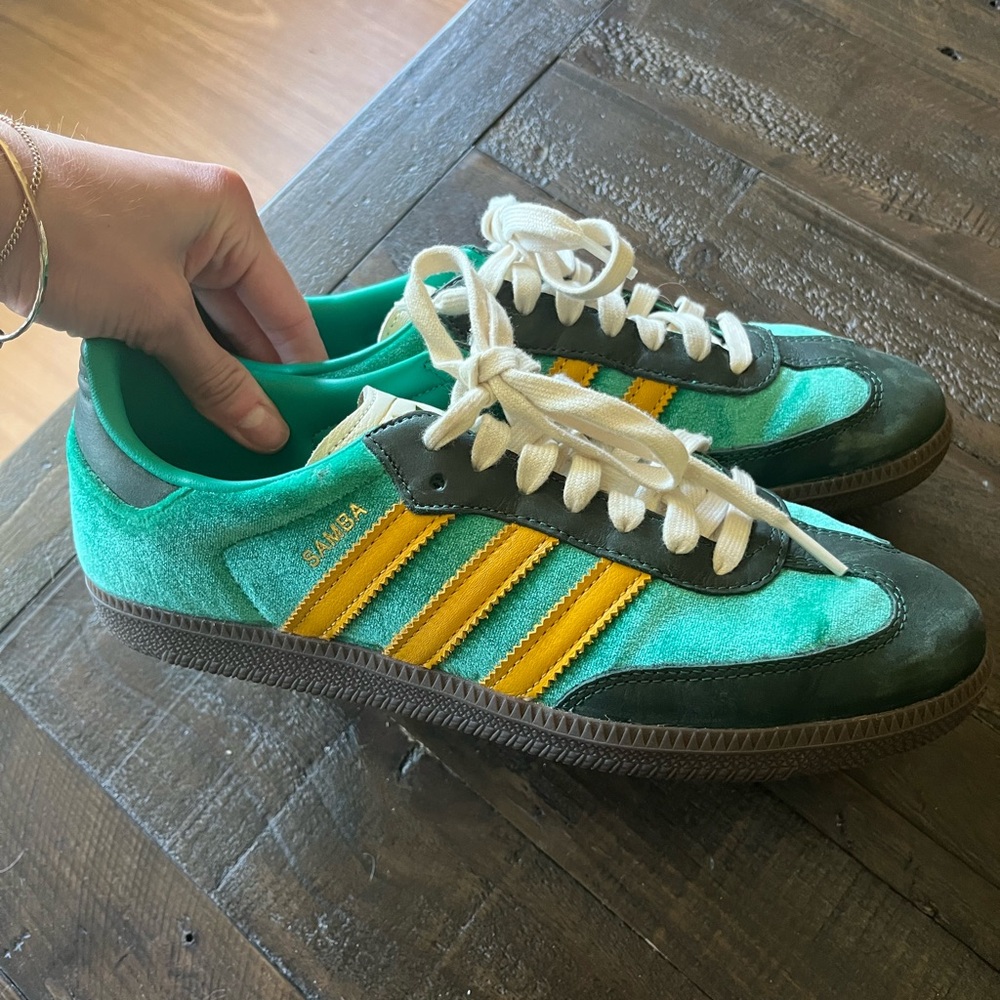 Adidas Samba Teal and Gold Sneakers